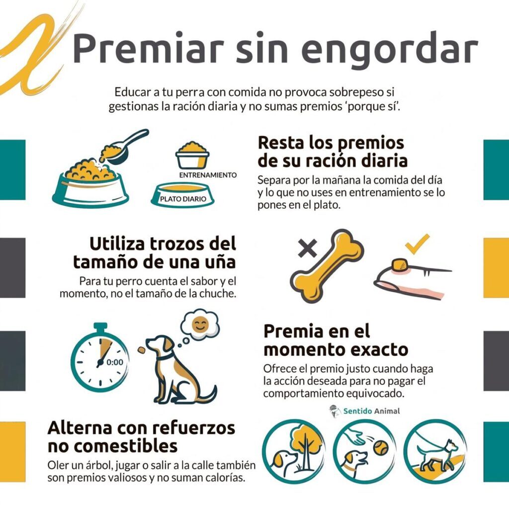 Infografía: premiar sin engordar, restar los premios de la ración diaria, trozos pequeños, premiar en el momento exacto y alternar con refuerzos no comestibles, de Sentido Animal